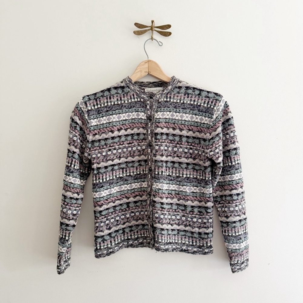 Vintage Chenille Pastel Patterned Knit Cardigan Sweater